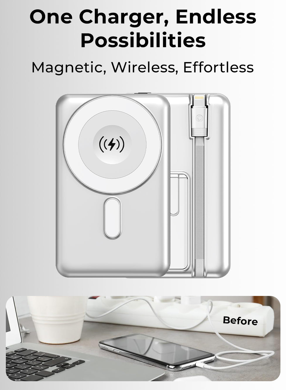 Wireless charging pad with text 'One Charger, Endless Possibilities' on a gray background