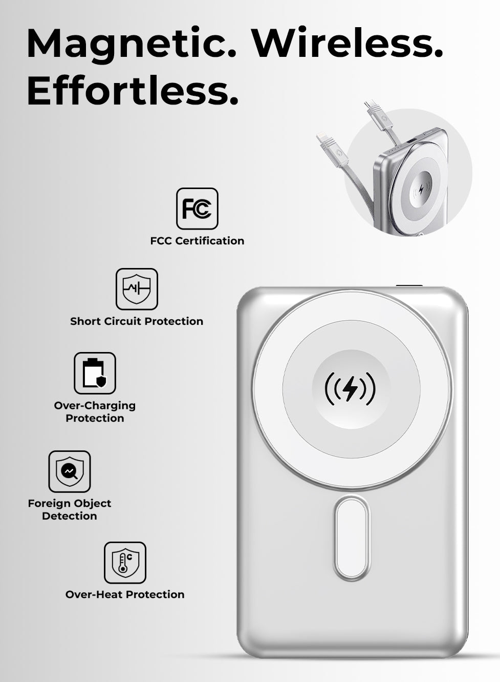 Wireless charging device with FCC certification and safety features on a white background