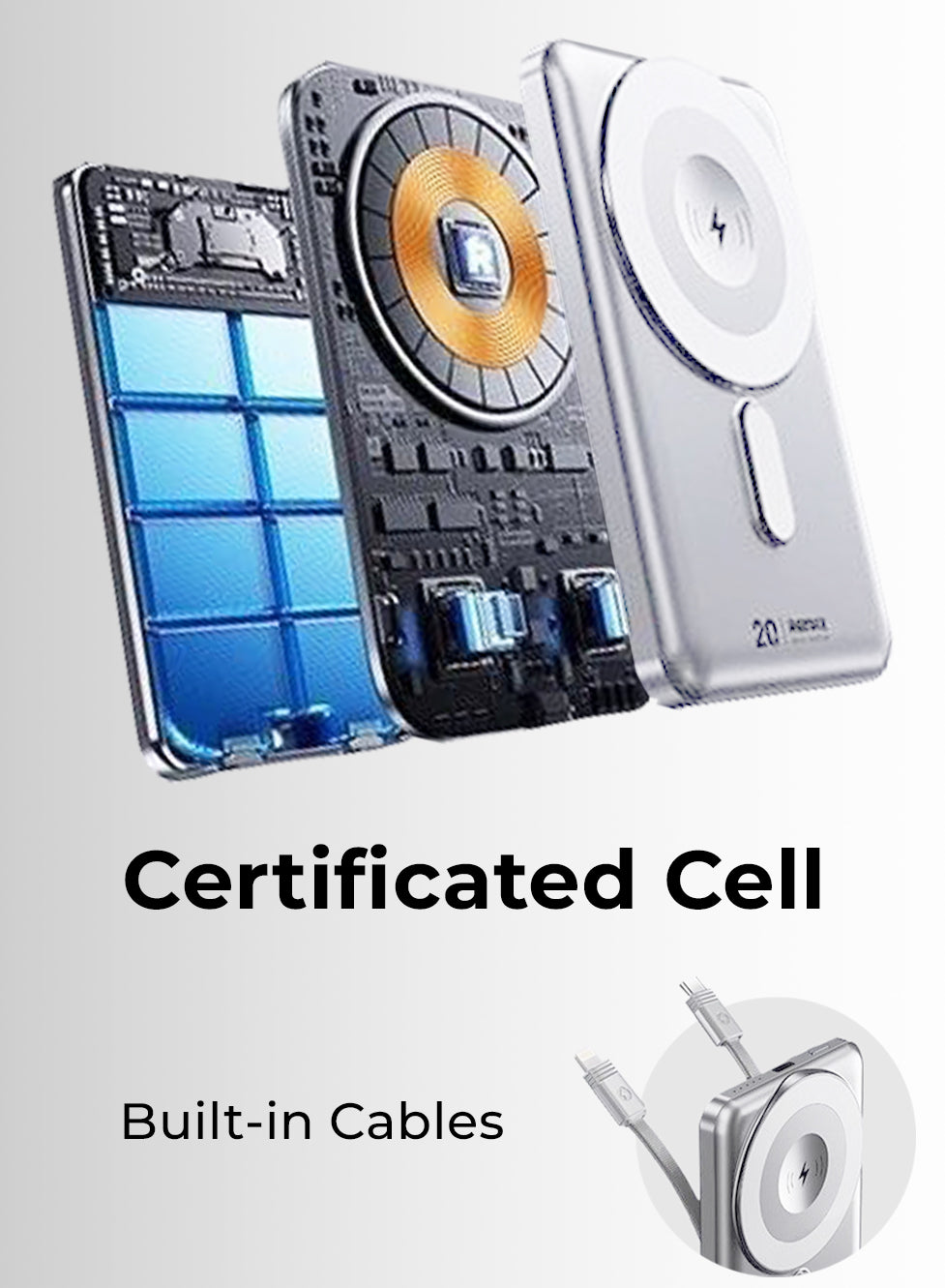 Electronic device with 'Certificated Cell' text and built-in cables on a white background