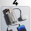 Multi-device charging station with smartphone, AirPods, and two other devices on a light gray background.