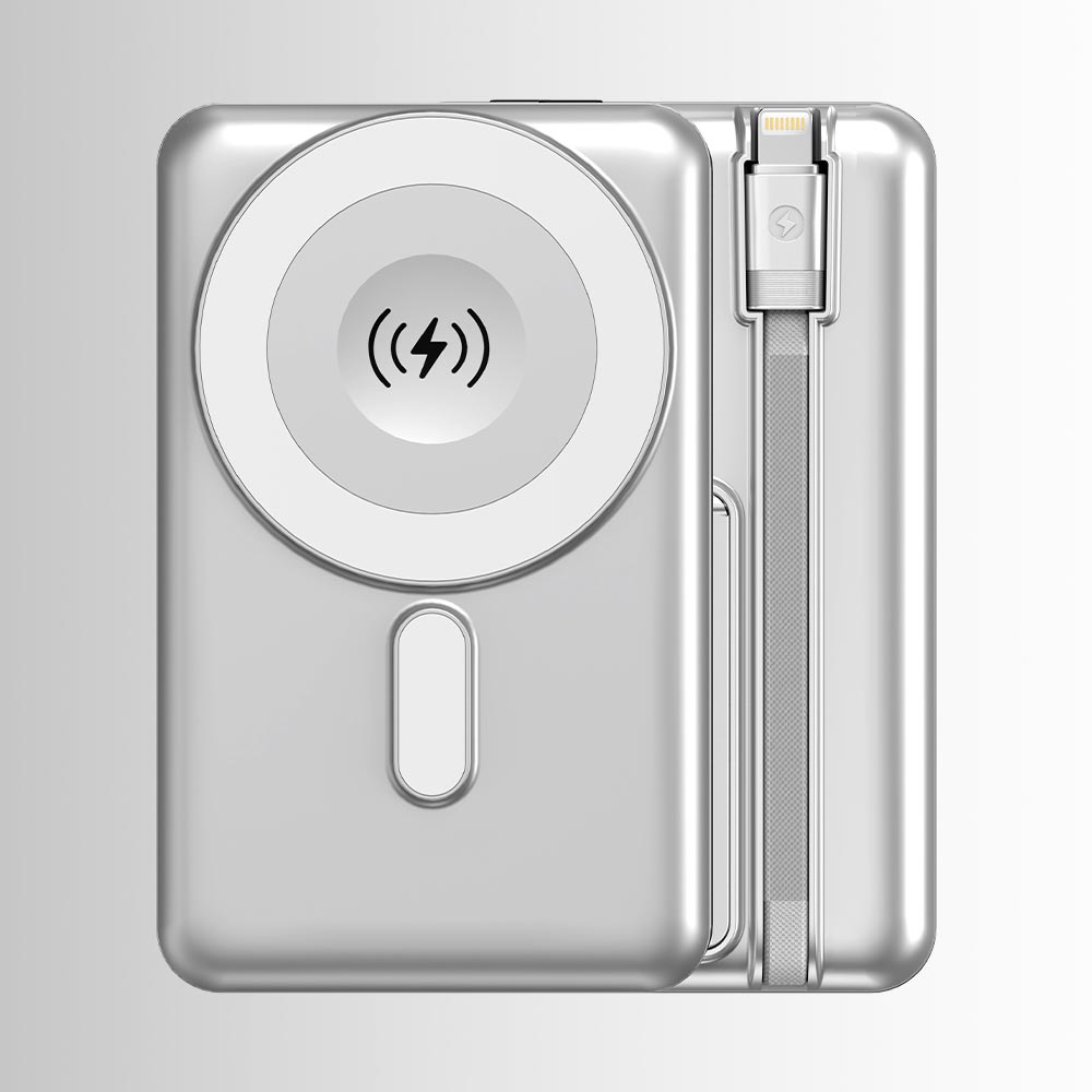 Wireless charging case with lightning bolt symbol on a gray background