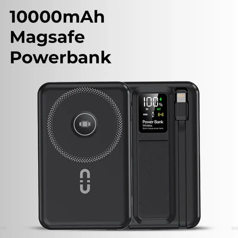 10000mAh MagSafe Power Bank for iPhone | Built-in Stand & Cable - Black - GLASSOLOGY