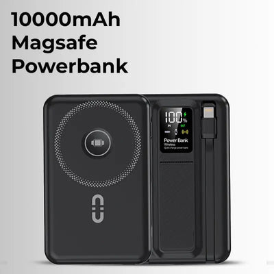 10000mAh MagSafe Power Bank for iPhone | Built-in Stand & Cable - Black - GLASSOLOGY