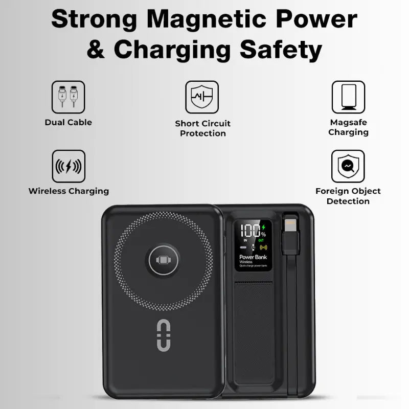 10000mAh MagSafe Power Bank for iPhone | Built-in Stand & Cable - Black - GLASSOLOGY