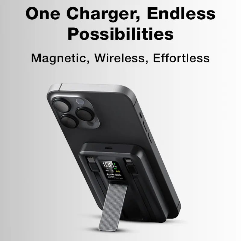 10000mAh MagSafe Power Bank for iPhone | Built-in Stand & Cable - Black - GLASSOLOGY