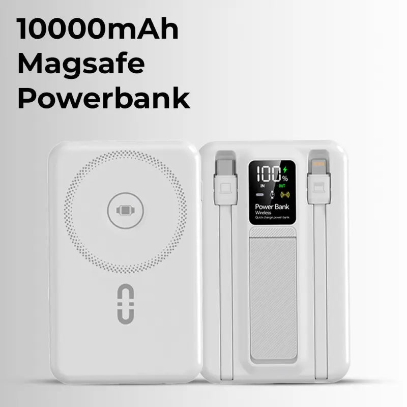 10000mAh MagSafe Power Bank with Foldable Stand & Cable - White - GLASSOLOGY