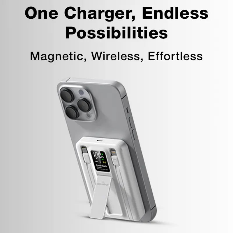 10000mAh MagSafe Power Bank with Foldable Stand & Cable - White - GLASSOLOGY