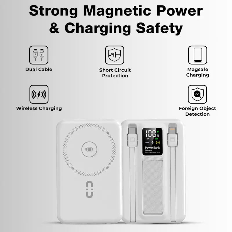 10000mAh MagSafe Power Bank with Foldable Stand & Cable - White - GLASSOLOGY
