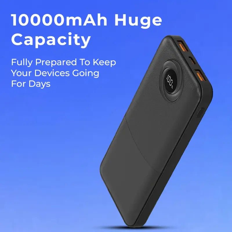 10000mAh Power Bank ,Dual USB Output & Digital Display - Black - GLASSOLOGY