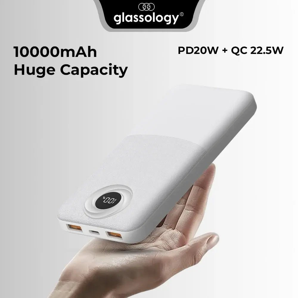 10000mAh Power Bank ,Dual USB Output & Digital Display - White - GLASSOLOGY