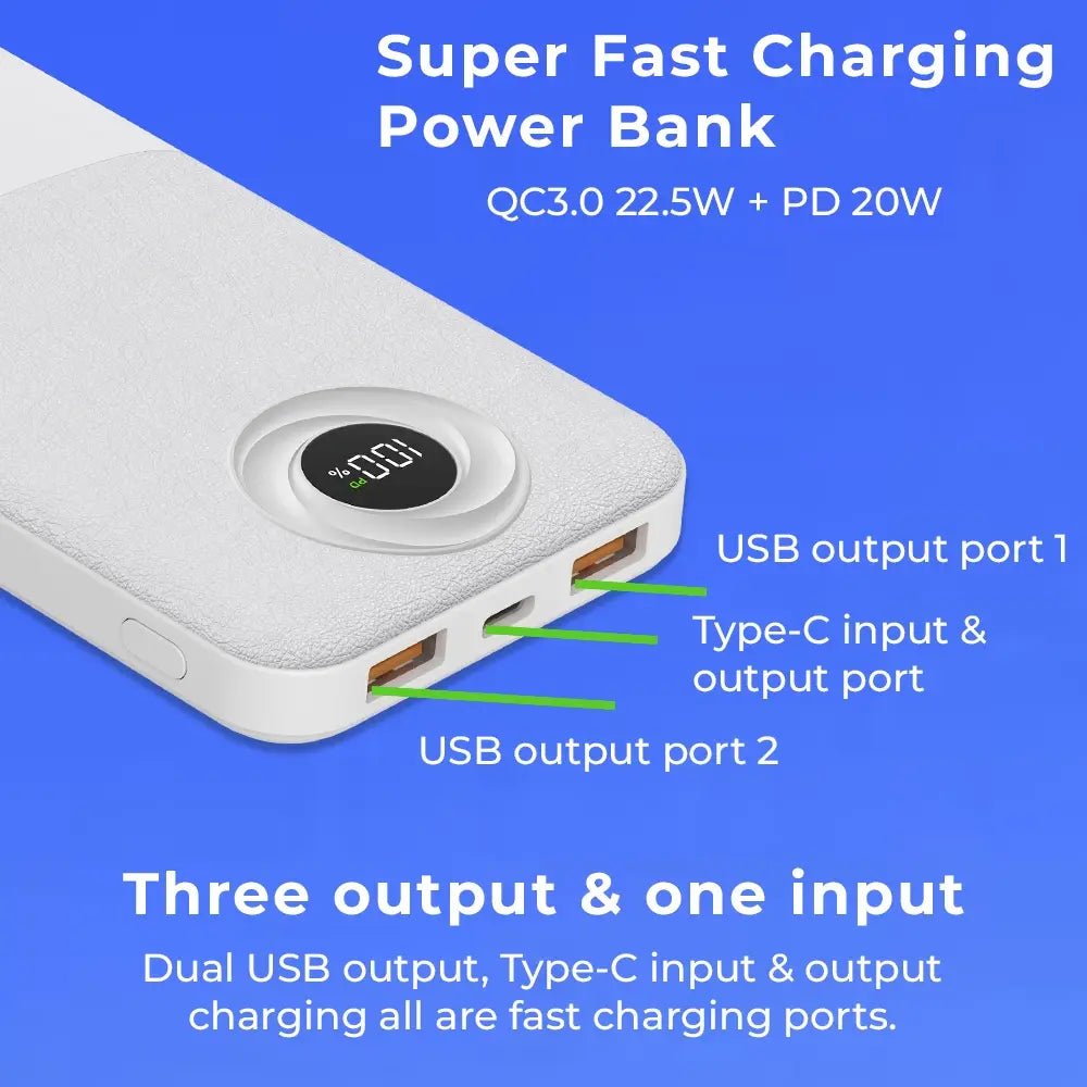 10000mAh Power Bank ,Dual USB Output & Digital Display - White - GLASSOLOGY