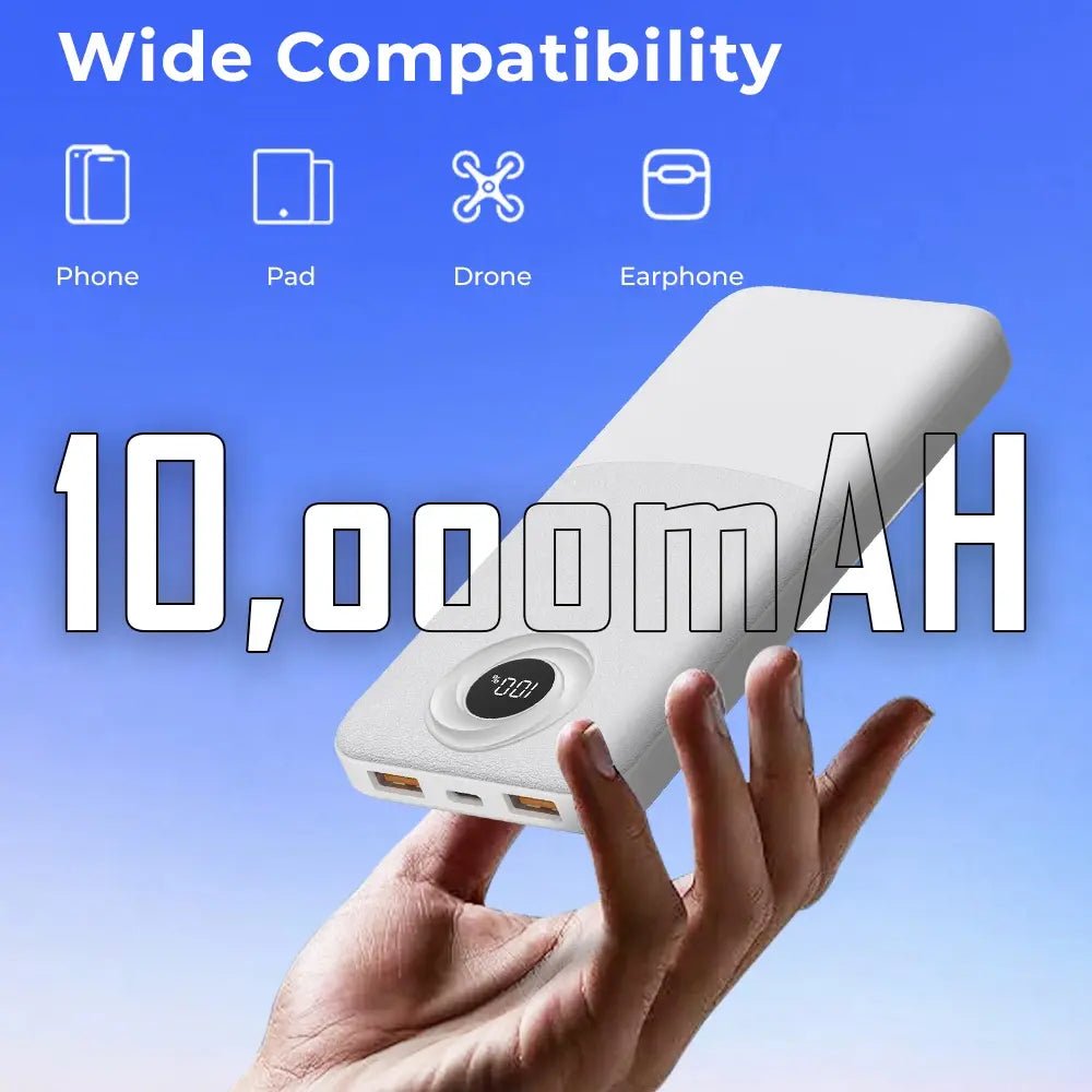 10000mAh Power Bank ,Dual USB Output & Digital Display - White - GLASSOLOGY