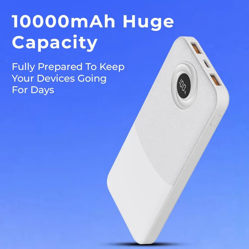 10000mAh Power Bank ,Dual USB Output & Digital Display - White - GLASSOLOGY