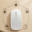 White computer mouse on a wooden surface with compatibility icons for macOS, Android, Windows, iOS/iPadOS, and Linux.