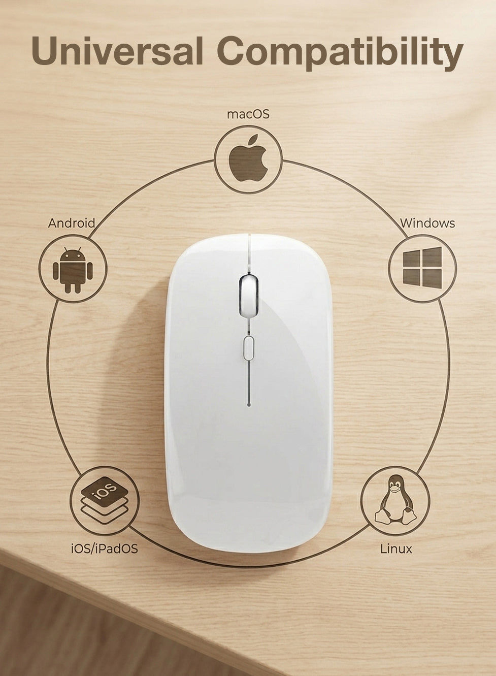 White computer mouse on a wooden surface with compatibility icons for macOS, Android, Windows, iOS/iPadOS, and Linux.