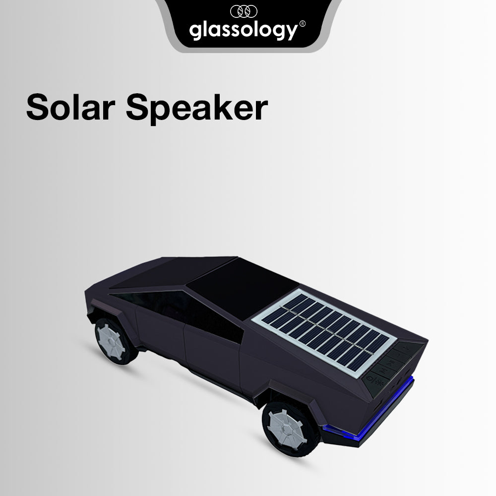 Solar speaker with solar panel on a gray background, featuring the brand 'glassology'.