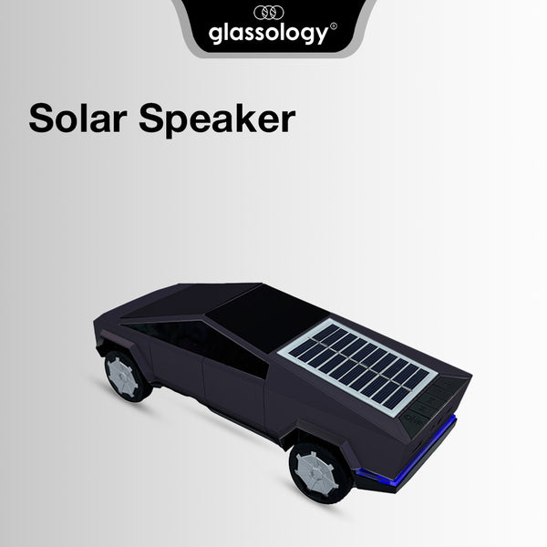 Solar speaker with solar panel on a gray background, featuring the brand 'glassology'.