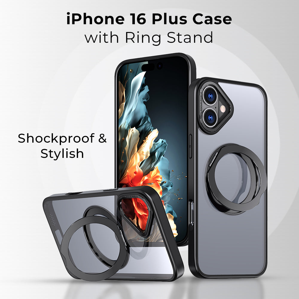 Phone case with ring stand for iPhone 16 Plus on a white background