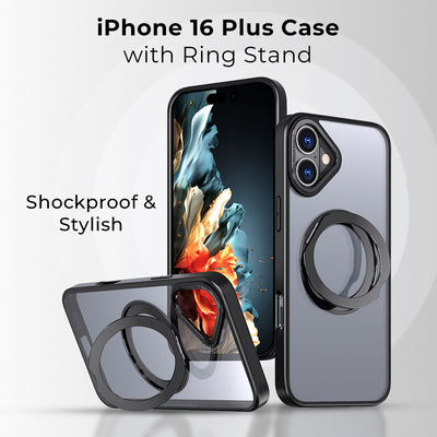 Phone case with ring stand for iPhone 16 Plus on a white background