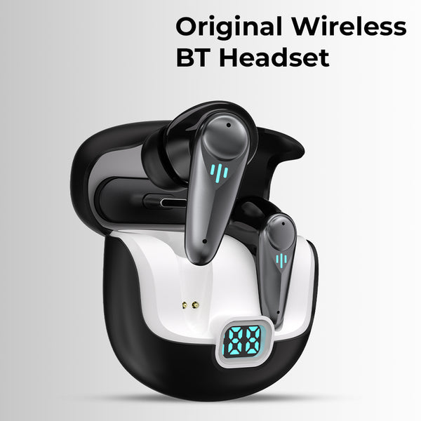 Black wireless Bluetooth headset with charging case on a light gray background