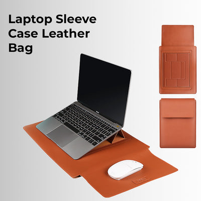 Glassology 3-in-1 Laptop Sleeve Case Brown Waterproof PU Leather with Foldable Stand & Wrist Rest