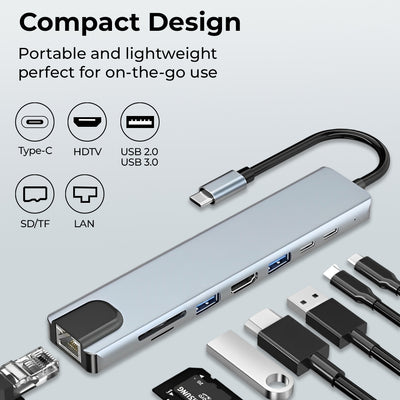 Glassology 8-in-1 USB-C Hub with HDMI, PD, Ethernet & Card Reader