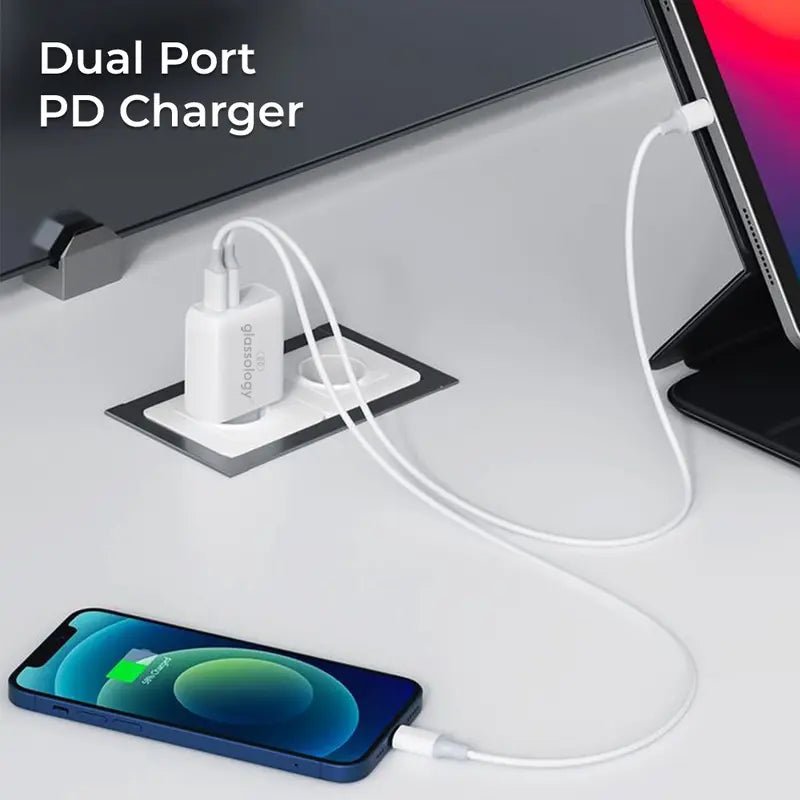 2 in 1 30W USB A and Type C Dual Fast Adapter - White - GLASSOLOGY