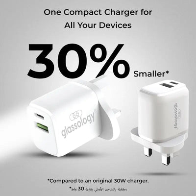 2 in 1 30W USB A and Type C Dual Fast Adapter - White - GLASSOLOGY
