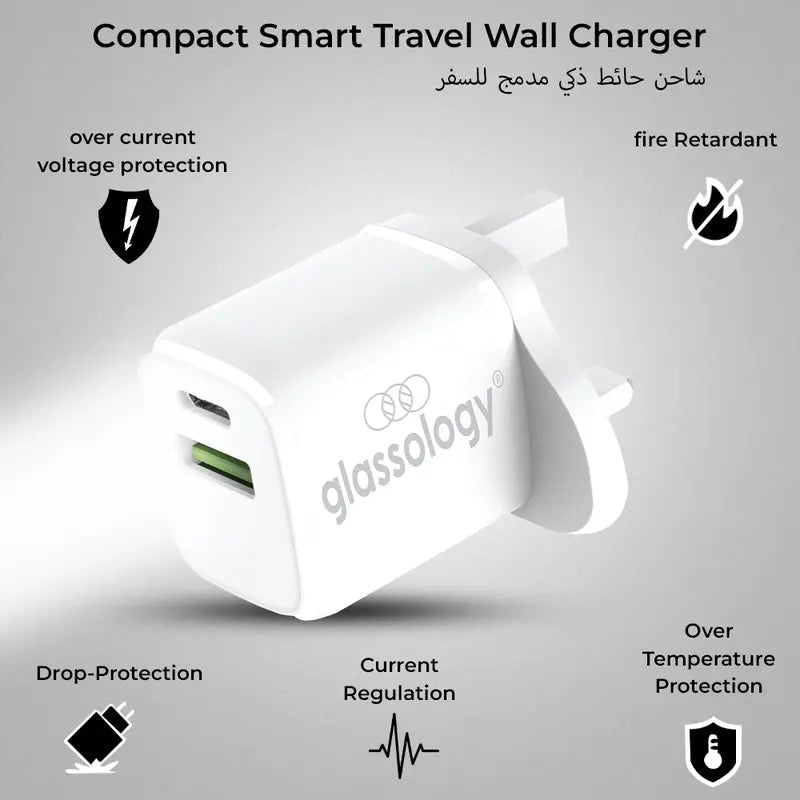2 in 1 30W USB A and Type C Dual Fast Adapter - White - GLASSOLOGY