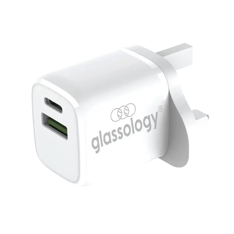 2 in 1 30W USB A and Type C Dual Fast Adapter - White - GLASSOLOGY