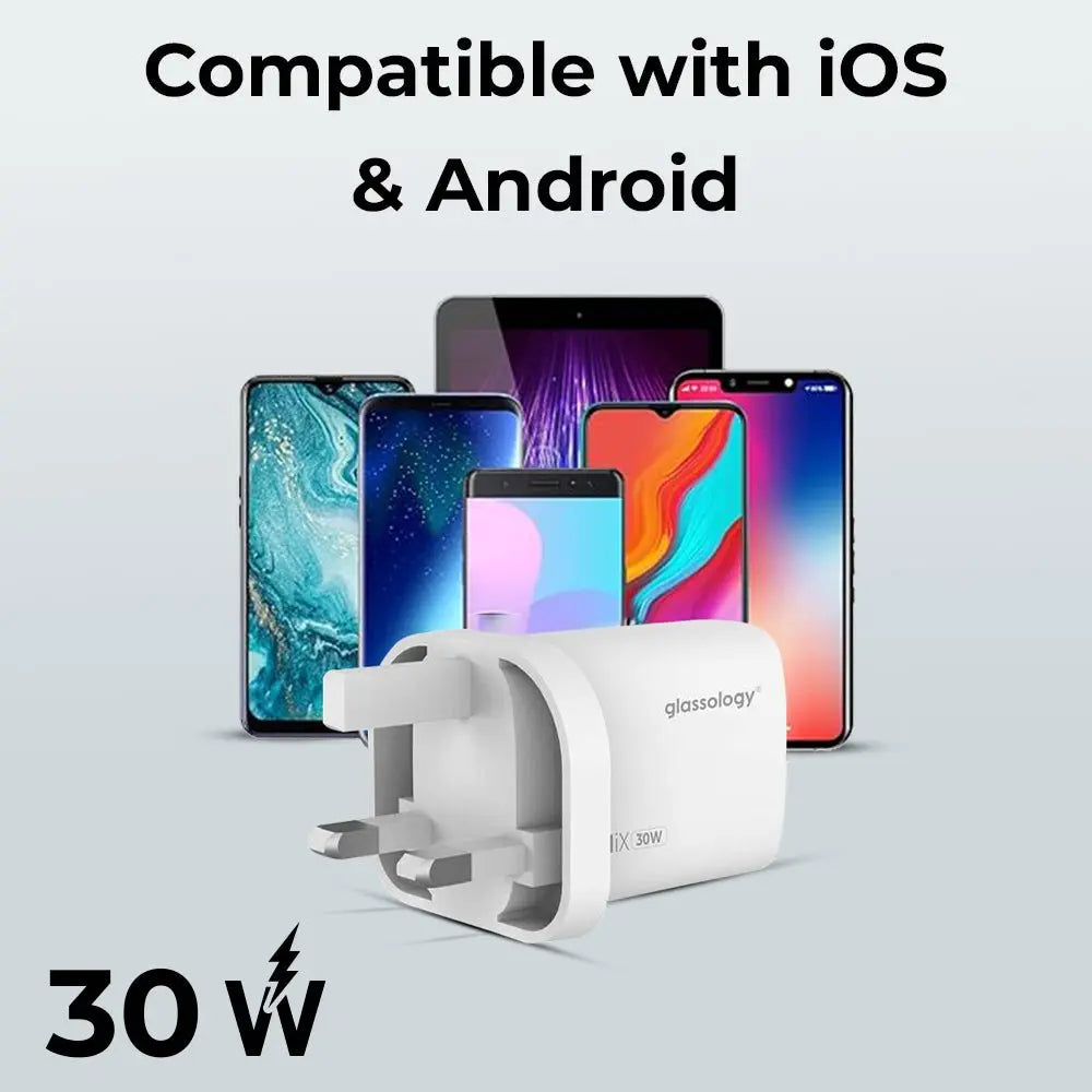 White power adapter with 'glazcology' branding in front of colorful smartphone and tablet display, text indicating compatibility with iOS & Android and power rating.