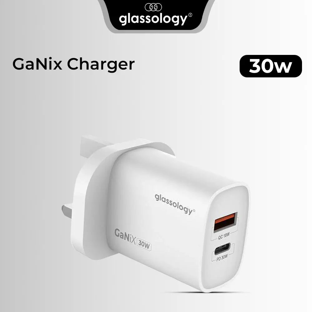 Glassology GaNix 30W charger on a light gray background