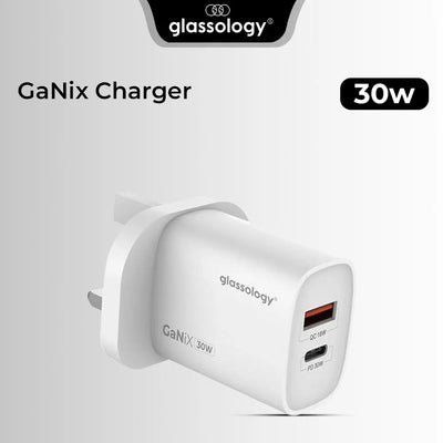 Glassology GaNix 30W charger on a light gray background