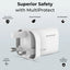 White plug with safety features text on a light gray background