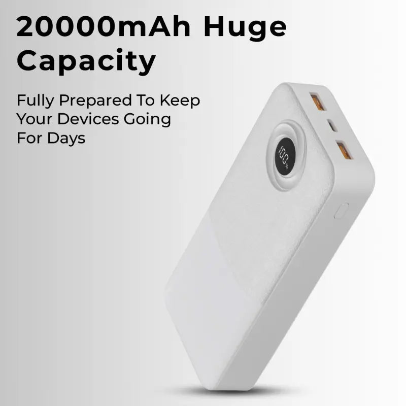 White power bank with 20000mAh capacity on a light gray background