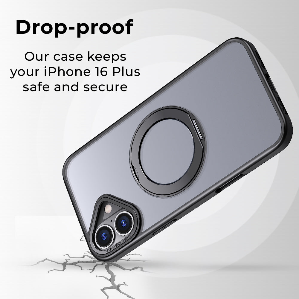 Phone case with ring holder and text about drop-proof protection for iPhone 16 Plus
