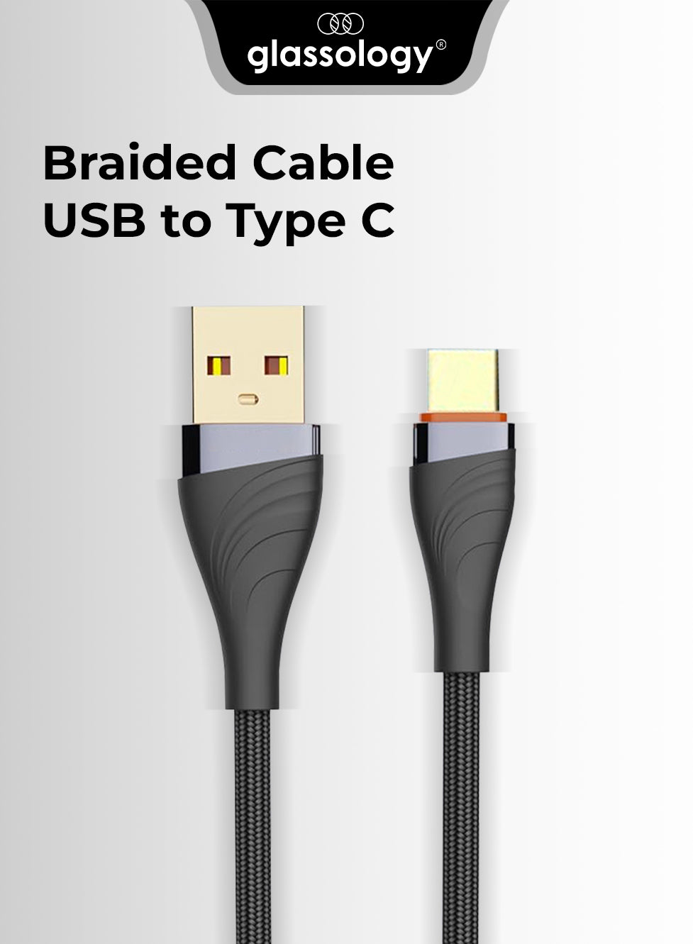 Braided cable USB to Type C with 'glassology' branding on a white background