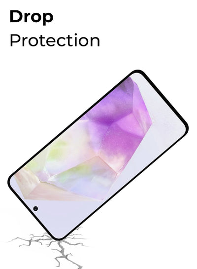 Smartphone with screen protector on a white background, emphasizing drop protection feature.