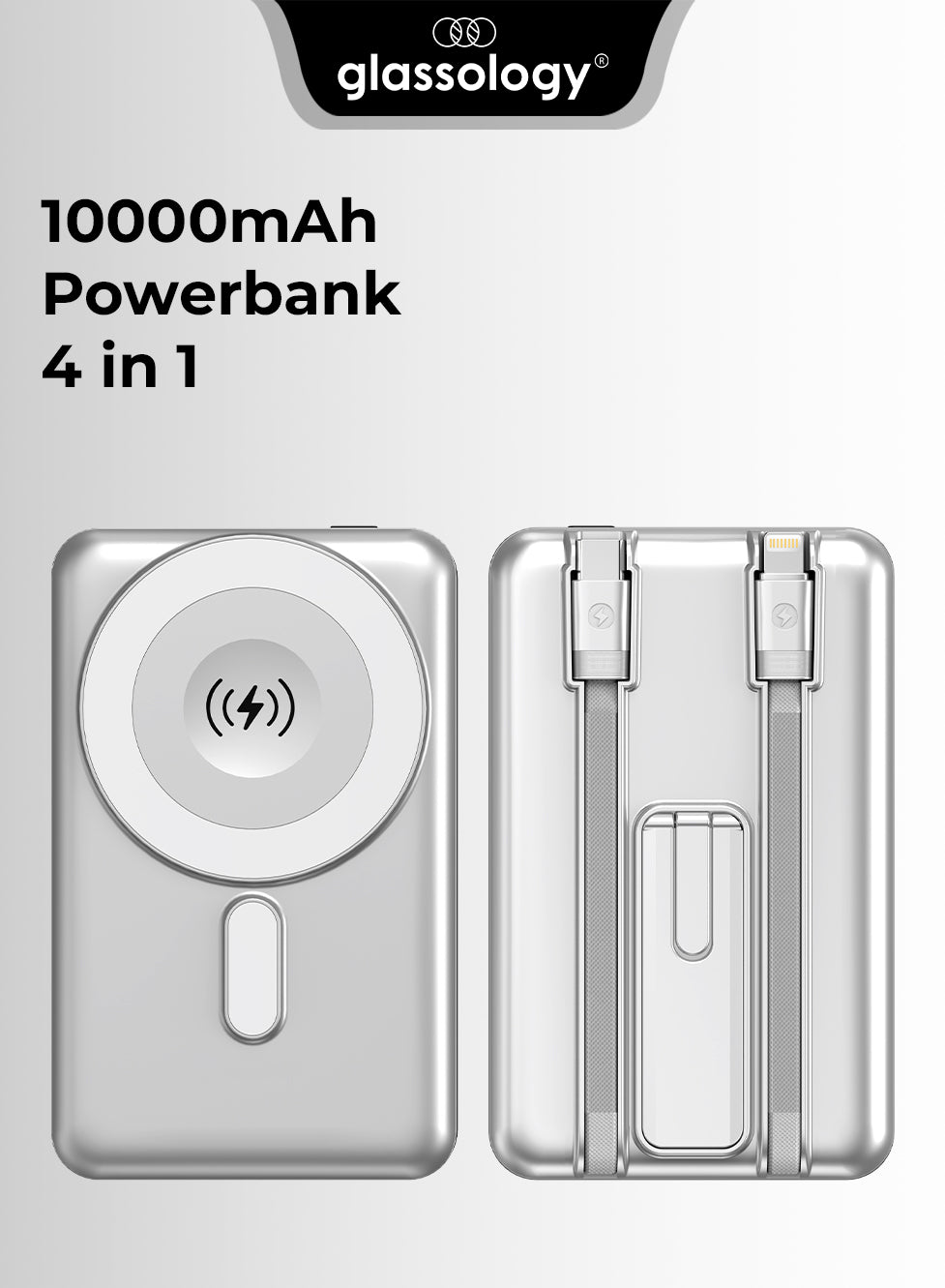 Glassology 10000mAh Magnetic Wireless Power Bank 20W PD Fast Charging, Built-in Cables, Kickstand & MagSafe Compatibility