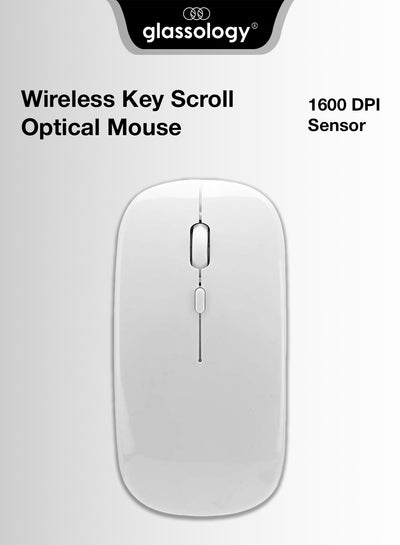 White wireless mouse with text on a gray background, featuring the brand 'glassology'.