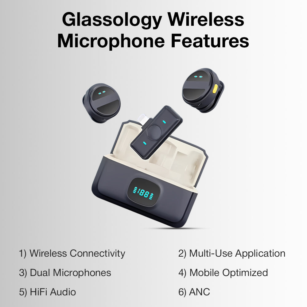 Glassology SX21 – Dual Wireless Lavalier Microphone Set with Charging Case | Noise Cancellation | 20m Range | iPhone & Android Compatible