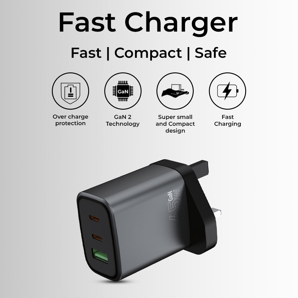 65W GaN Triple-Port Charger (2C + A) with USB-C Cable