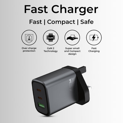 65W GaN Triple-Port Charger (2C + A) with USB-C Cable