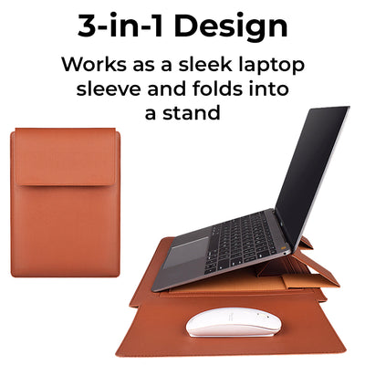 Glassology 3-in-1 Laptop Sleeve Case Brown Waterproof PU Leather with Foldable Stand & Wrist Rest