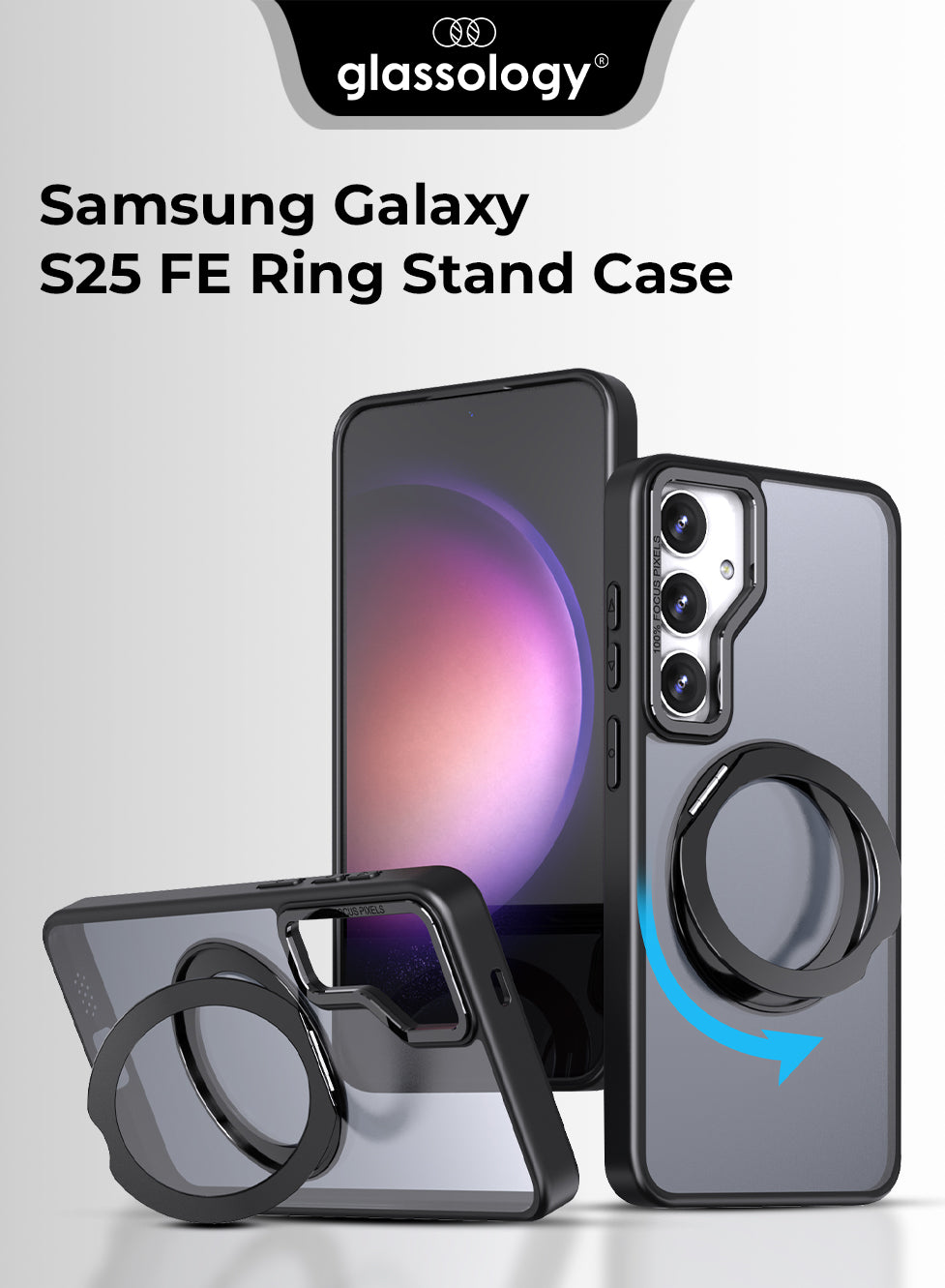 جراب مغناطيسي بحامل حلقي دوار 360 درجة لهاتف Samsung Galaxy S25 FE - أسود مقاوم للصدمات ومتوافق مع حامل مغناطيسي