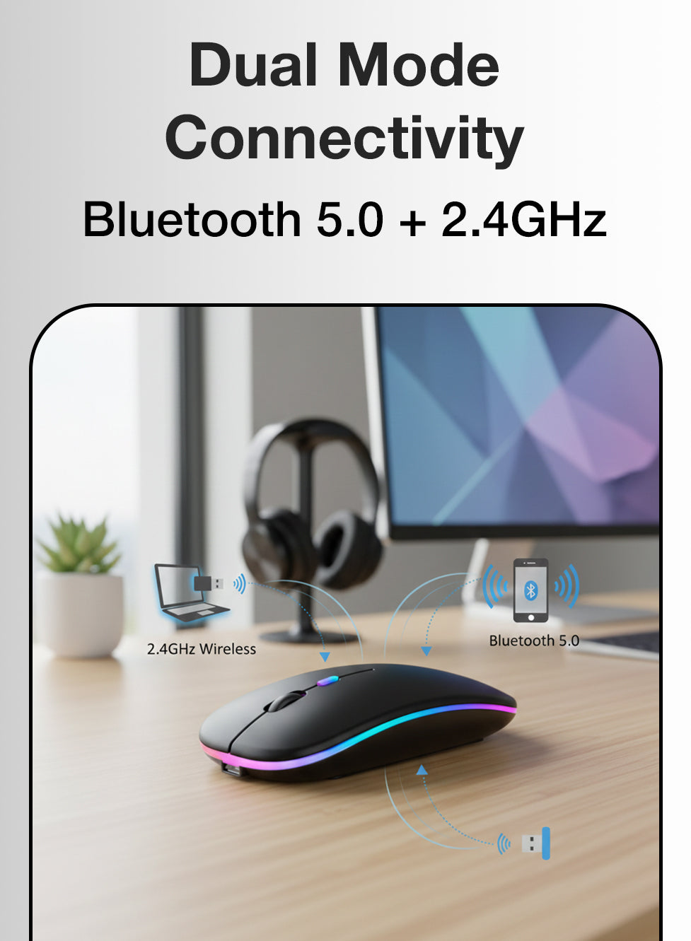 Dual-Mode Silent Wireless Mouse – Bluetooth & 2.4GHz Rechargeable Slim Optical Mouse
