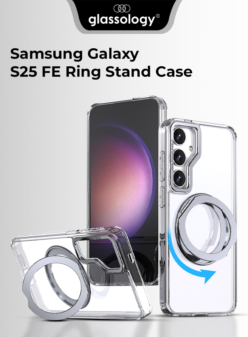 جراب مغناطيسي بحامل حلقي دوار 360 درجة لهاتف Samsung Galaxy S25 FE - حامل شفاف مقاوم للصدمات ومتوافق مع حامل مغناطيسي