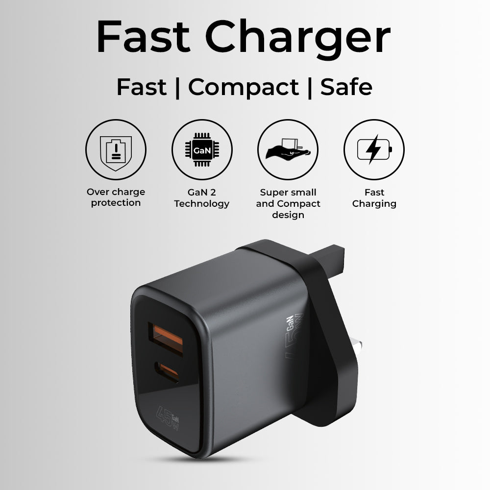 45W Dual-Port Fast Charger (C + A) with USB-C Cable