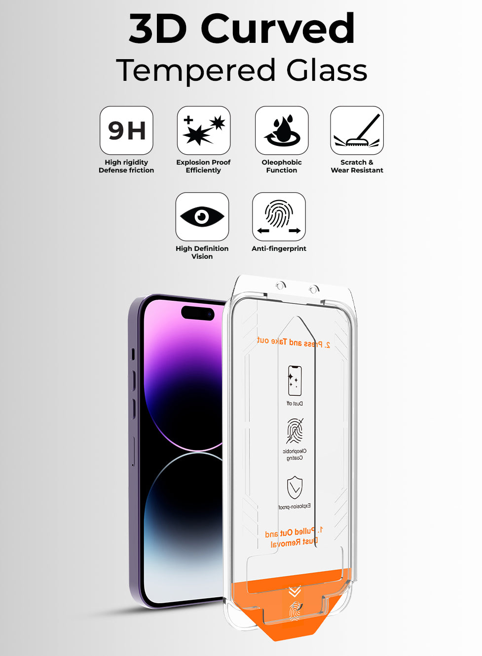 3D curved tempered glass screen protector for a smartphone with features listed on a gray background.