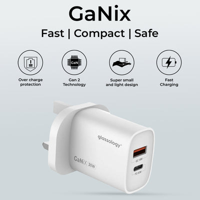 30W GaN Fast Charger with Dual USB-C & USB-A, Quick Safe Charging